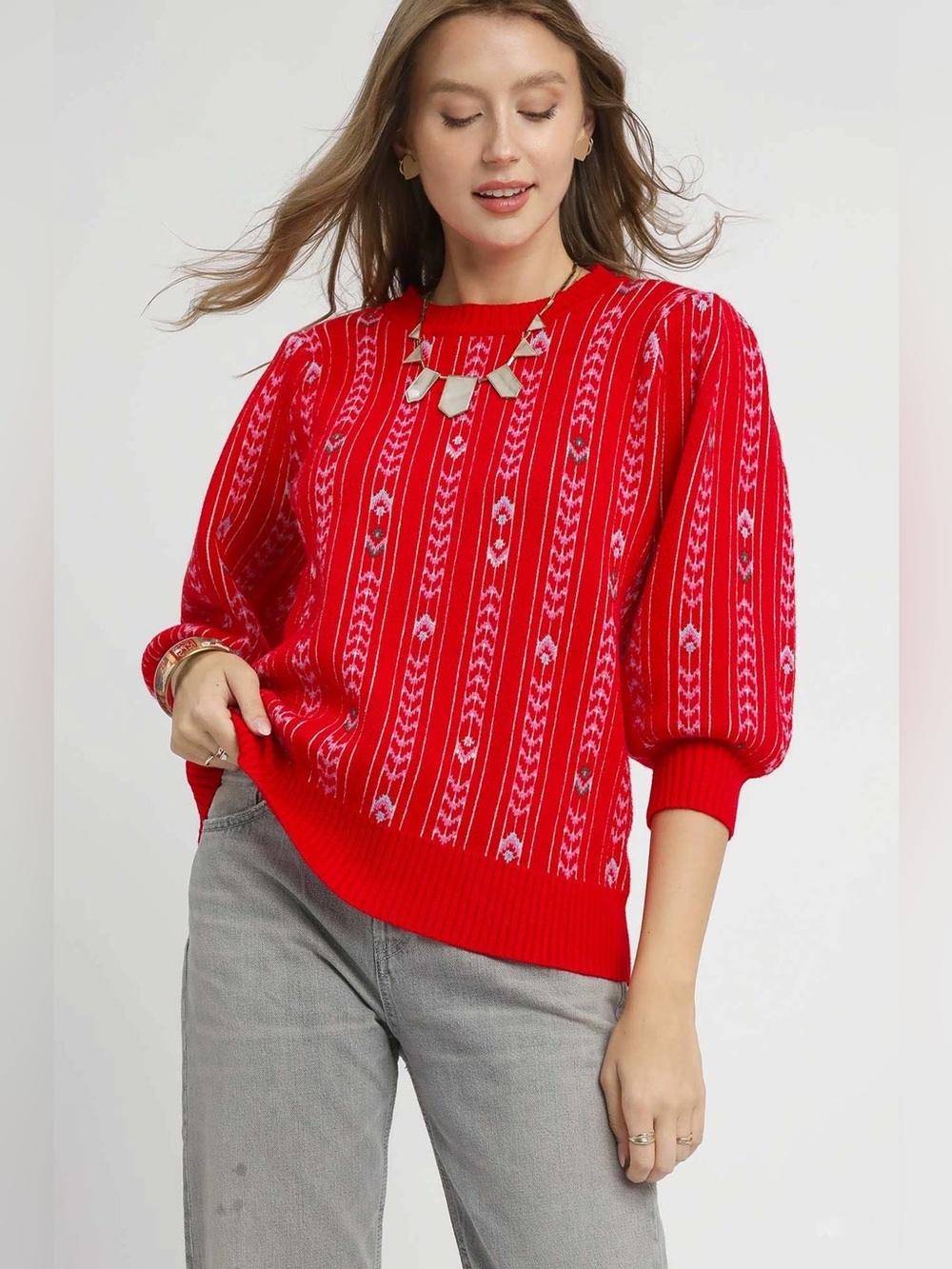 Umgee Jacquard Knit Puff Sleeve Sweater